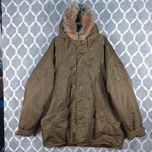 Gap Snorkel Parka Men XXL Green Faux Fur Hood Military Style Jacket VTG Y2K